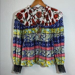 Alice + Olivia Patchwork Floral Romant Silk Cotton Blouse Long Sleeve Sz 6 Small